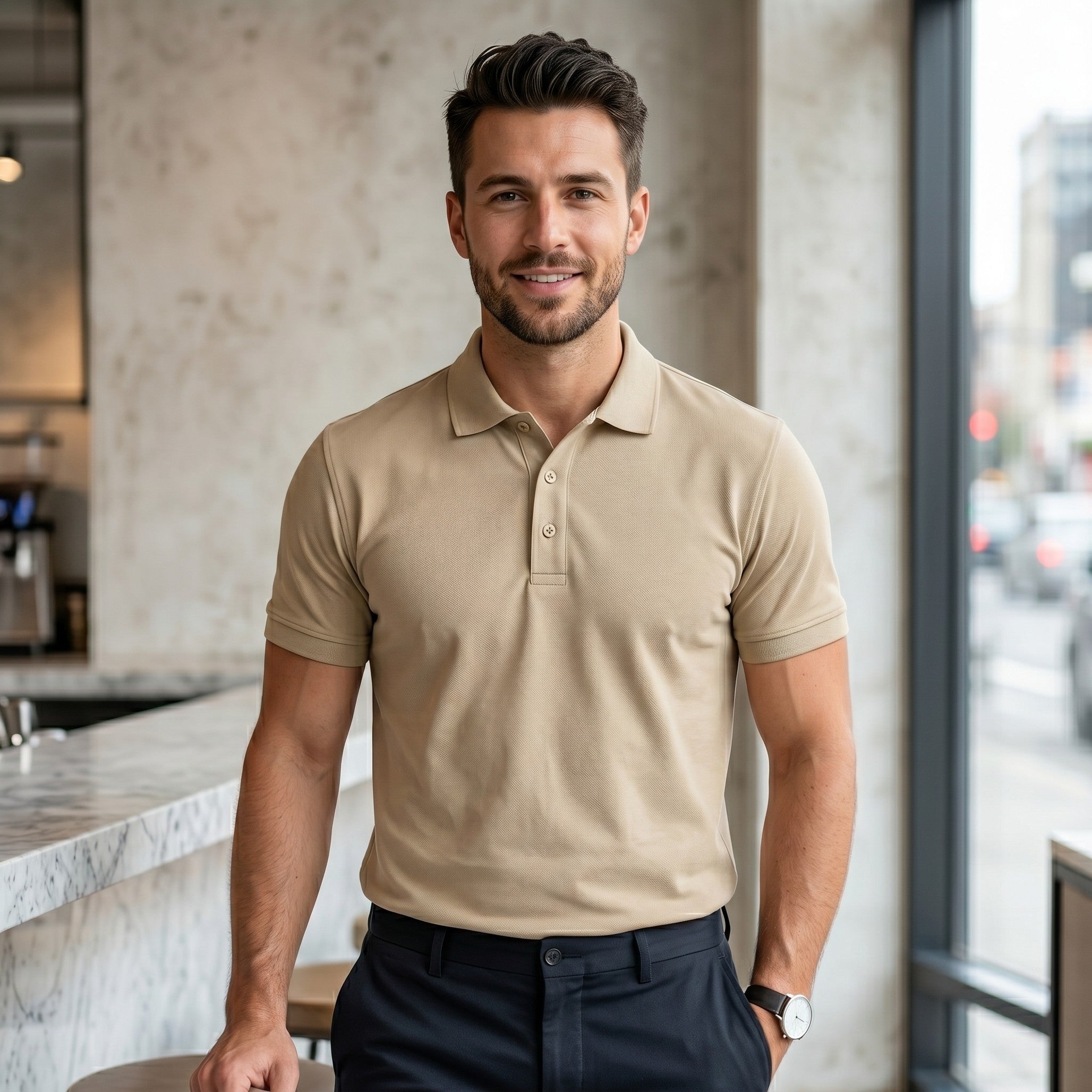 Urban Makos Beige classic polo front view