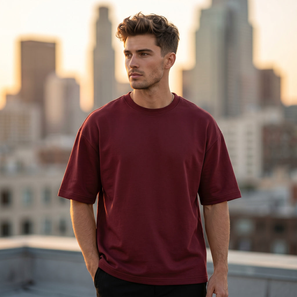 Urban Makos Maroon oversized t-shirt fashion campaign view