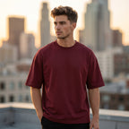 Urban Makos Maroon oversized t-shirt fashion campaign view