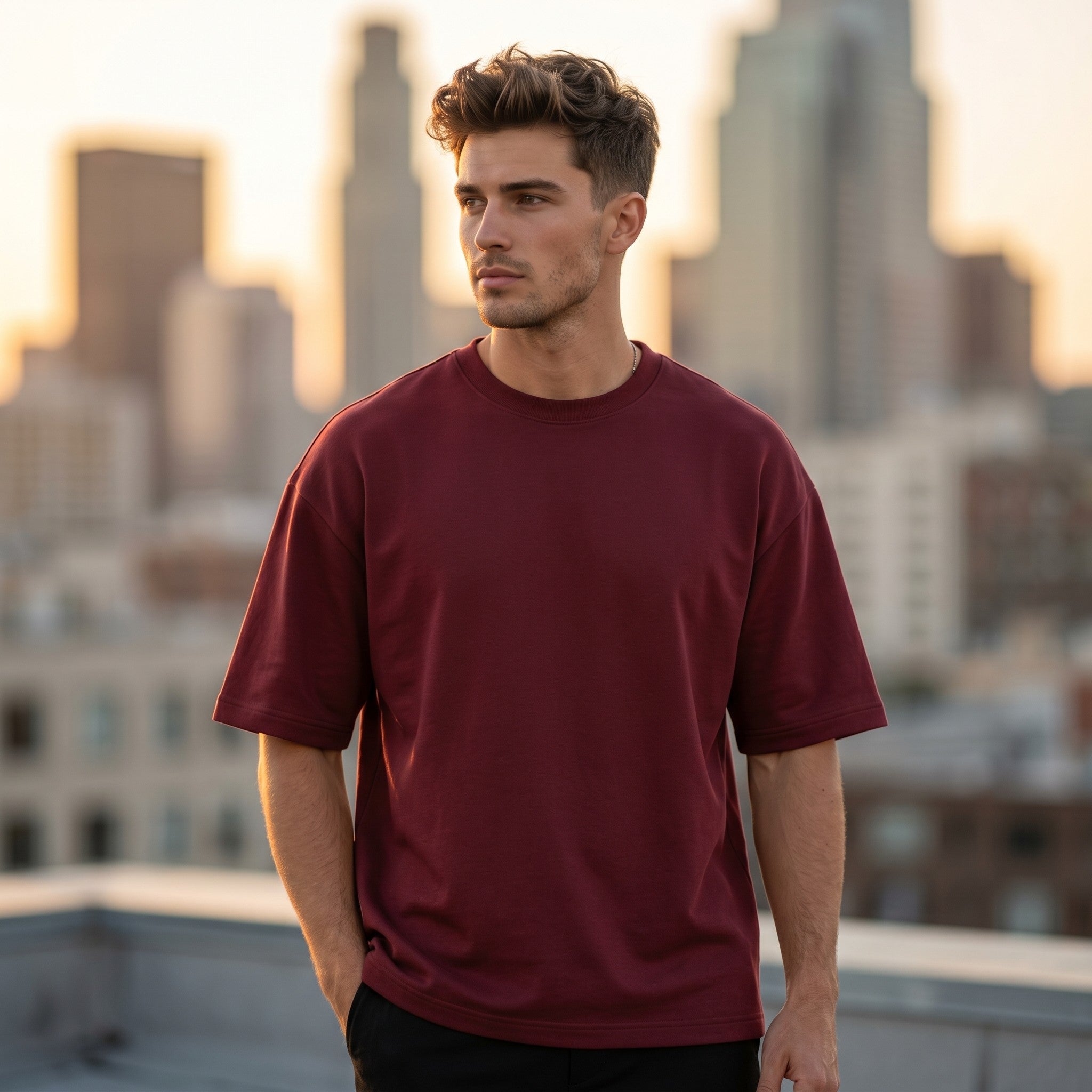 Urban Makos Maroon oversized t-shirt fashion campaign view