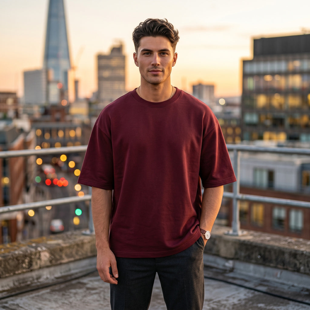Urban Makos Maroon oversized t-shirt styled campaign view
