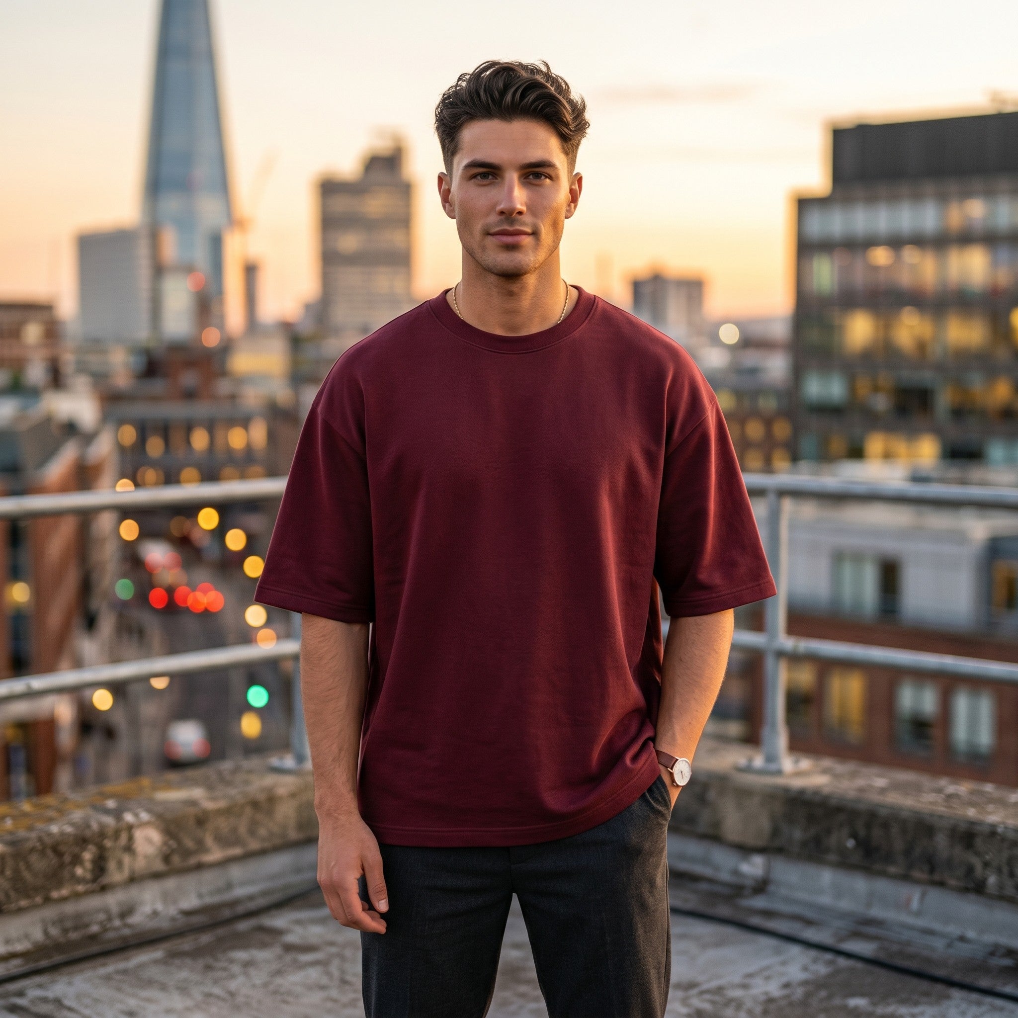 Urban Makos Maroon oversized t-shirt styled campaign view
