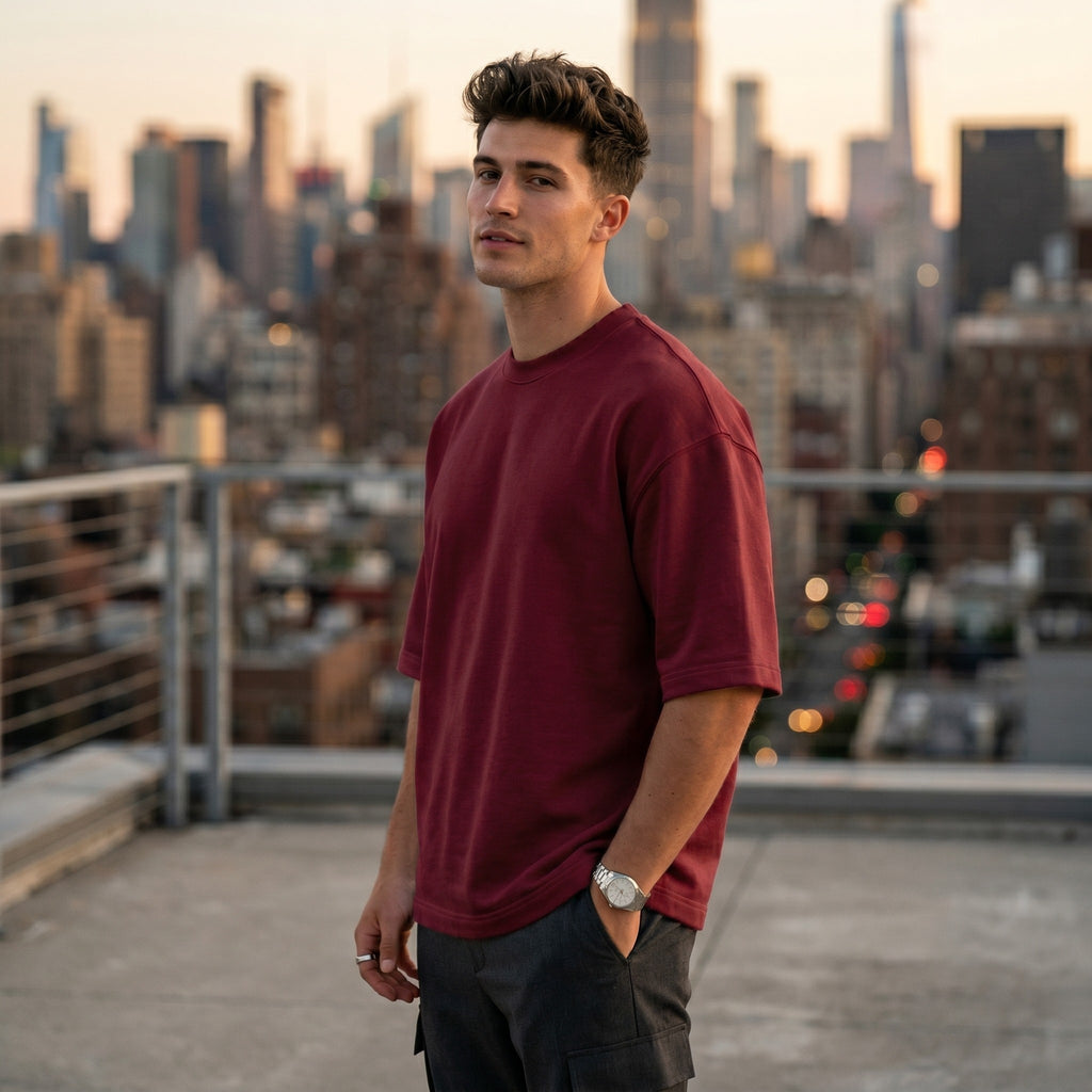 Urban Makos Maroon oversized t-shirt lifestyle campaign view