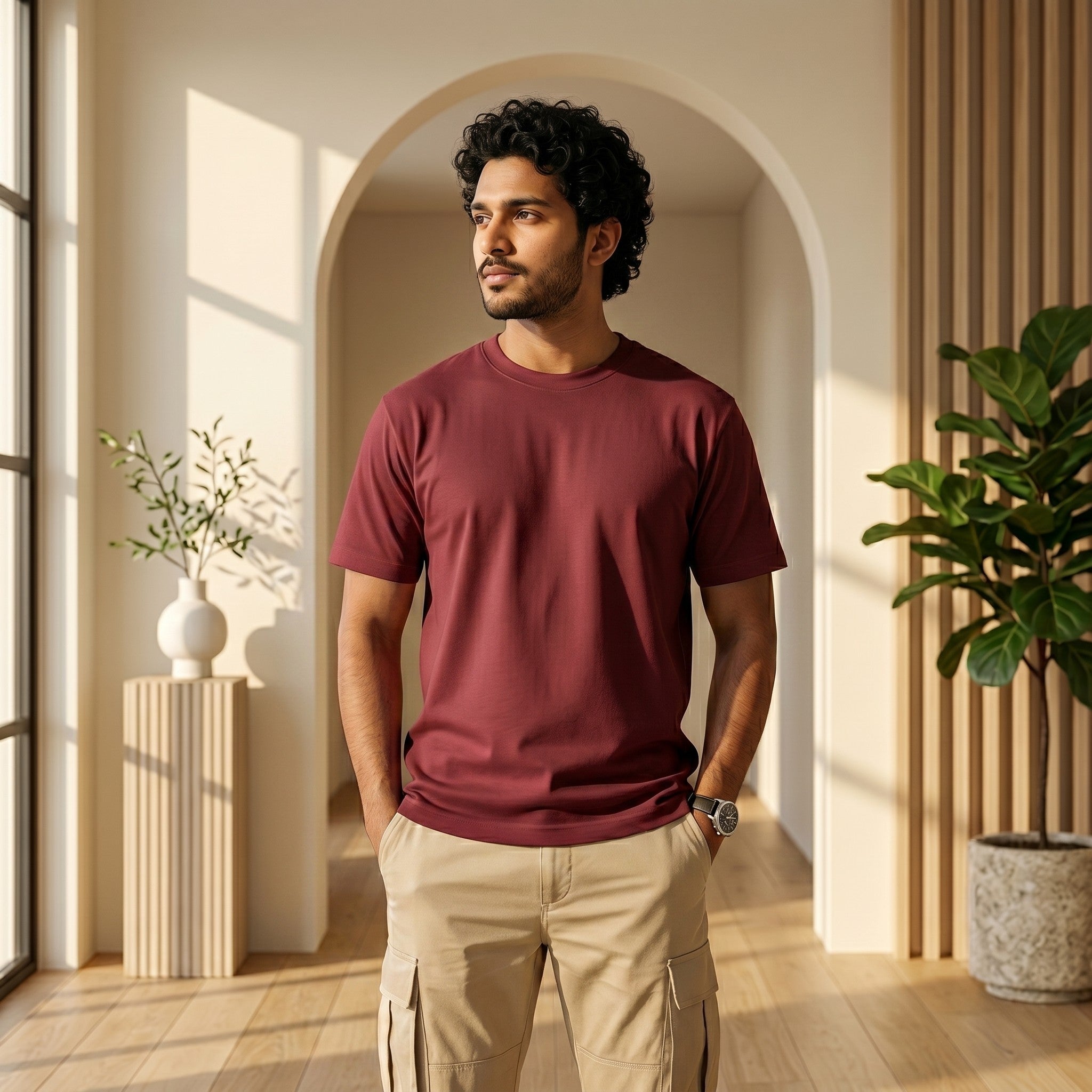 Urban Makos Maroon round neck tee front view