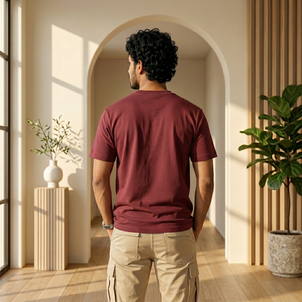Urban Makos Maroon round neck tee back view