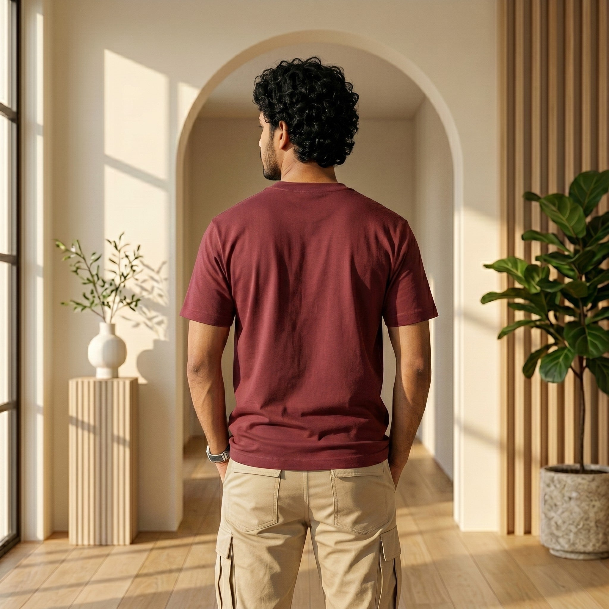 Urban Makos Maroon round neck tee back view