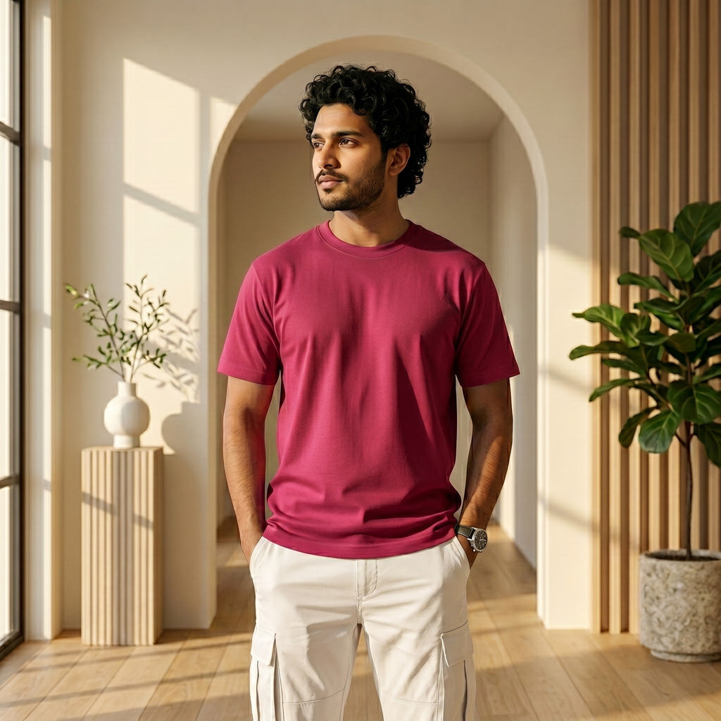 Urban Makos Essential Round Neck Tee in Rani Rose front view