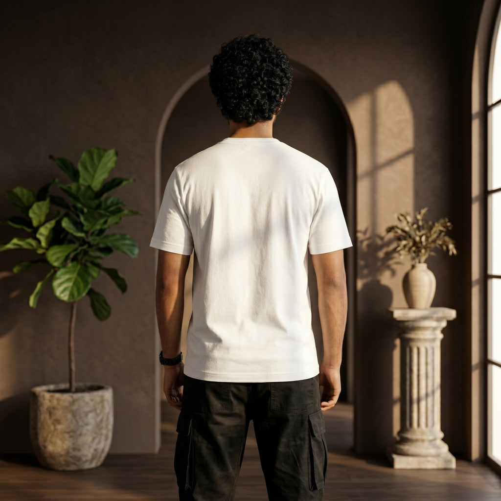 Urban Makos White round neck tee back view