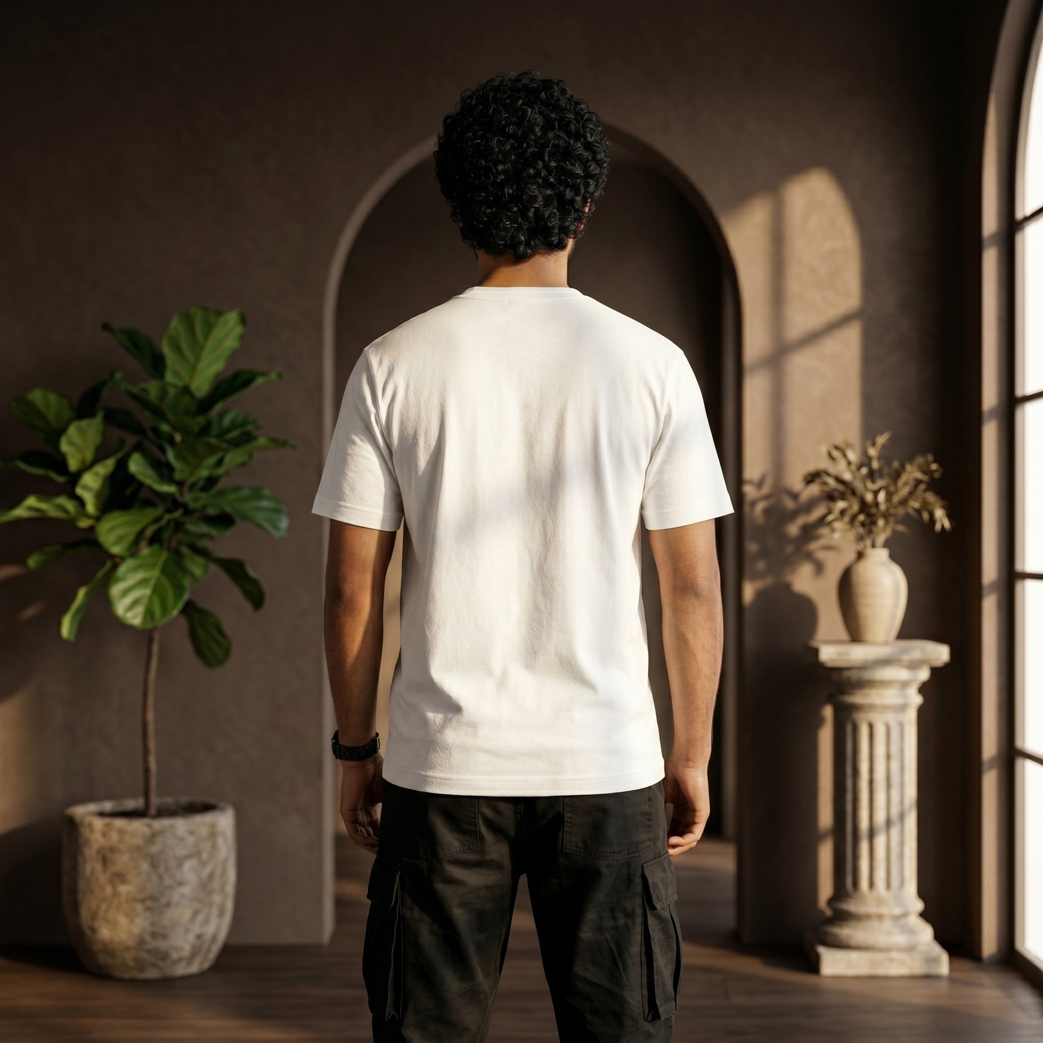 Urban Makos White round neck tee back view