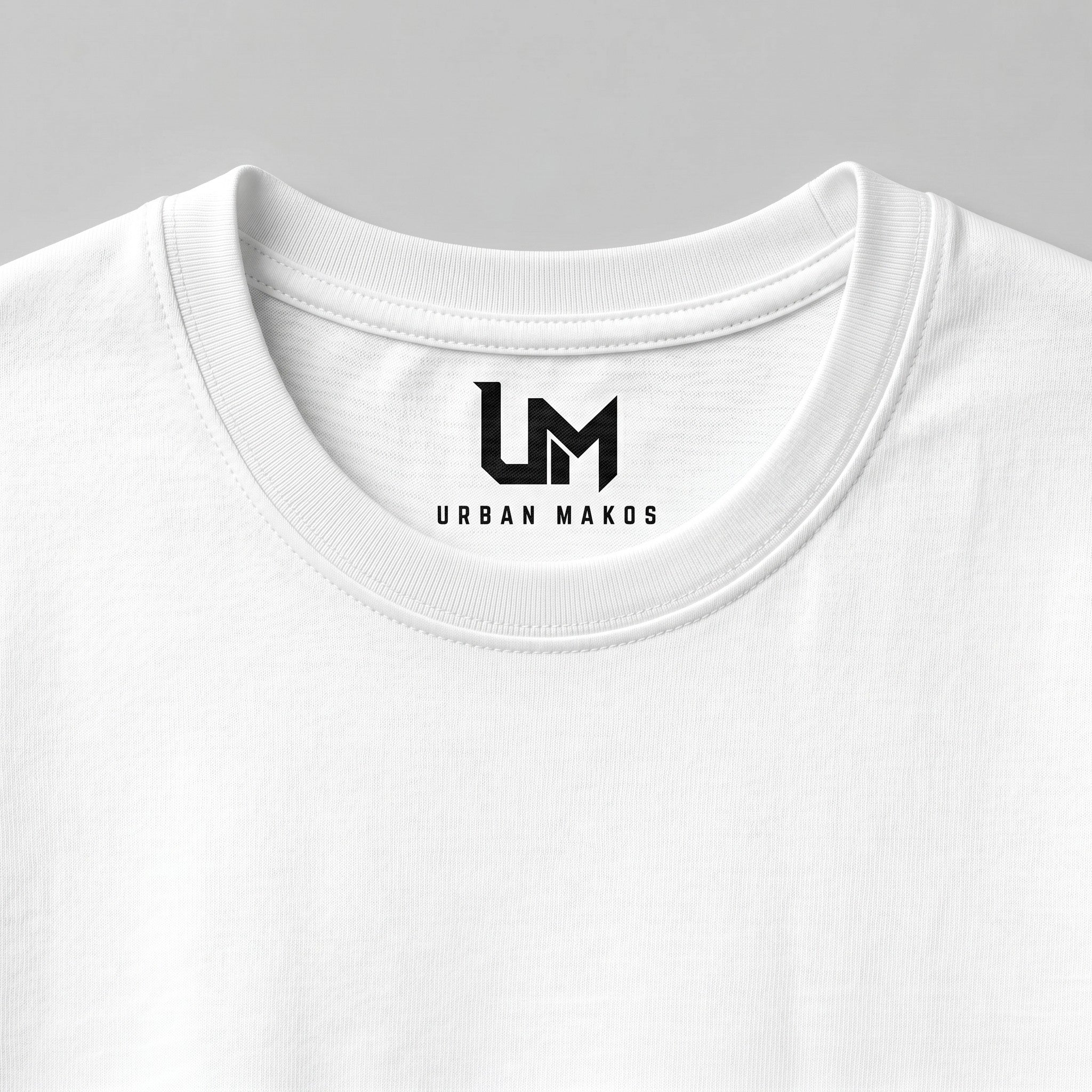 Urban Makos White round neck fabric close up