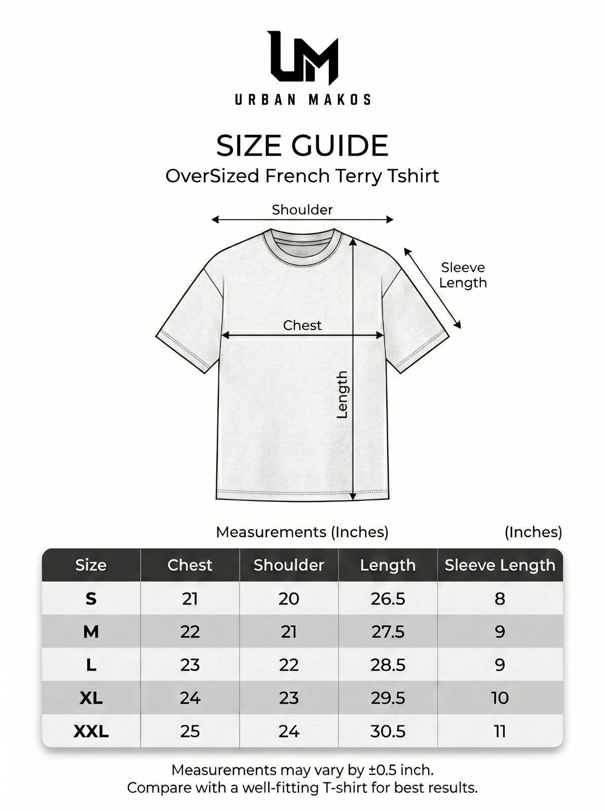 Urban Makos oversized T-shirt size guide