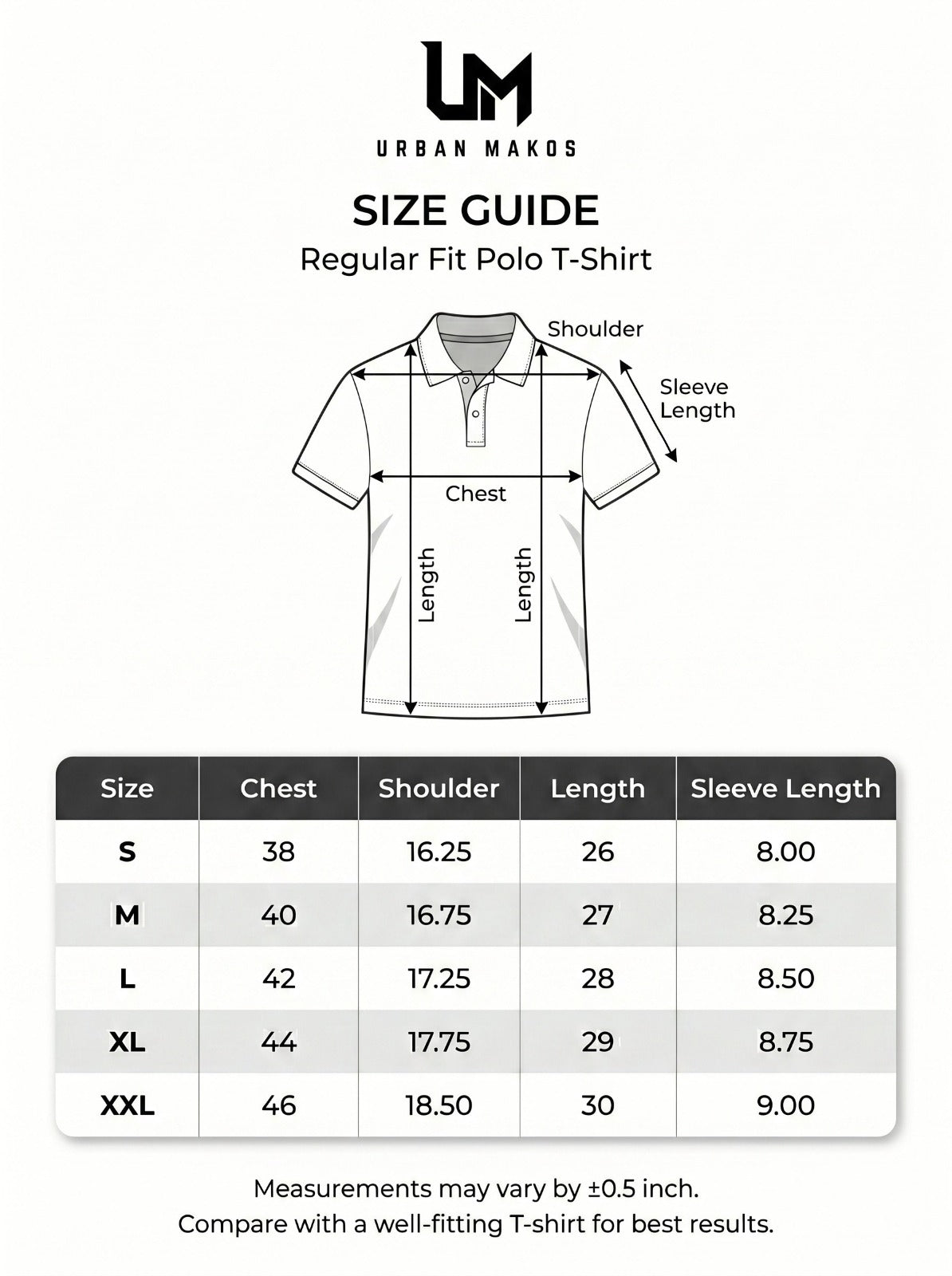 Urban Makos regular fit polo T-shirt size guide