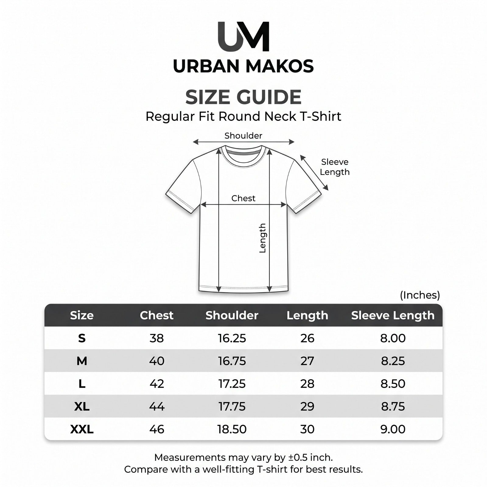 Urban Makos regular fit round neck T-shirt size guide
